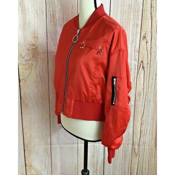 Max Martin Red Satiny Cropped Bomber Jacket Sz L - Picture 5 of 12